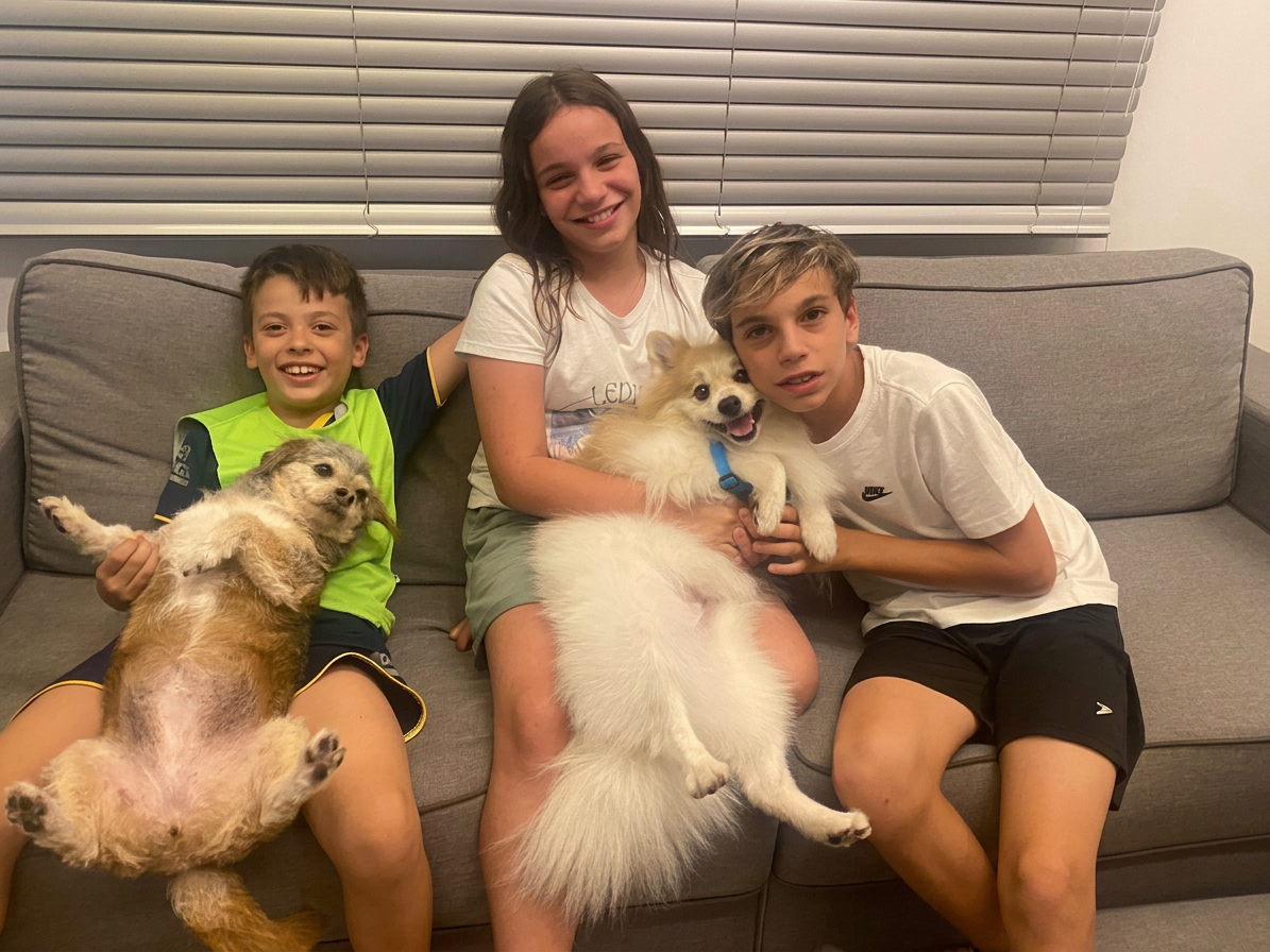 Crianças com os pets no sofá